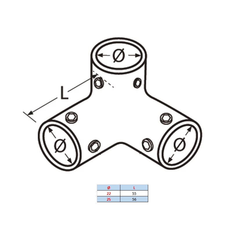 Angle 90° pour tube inox A4, trois départs