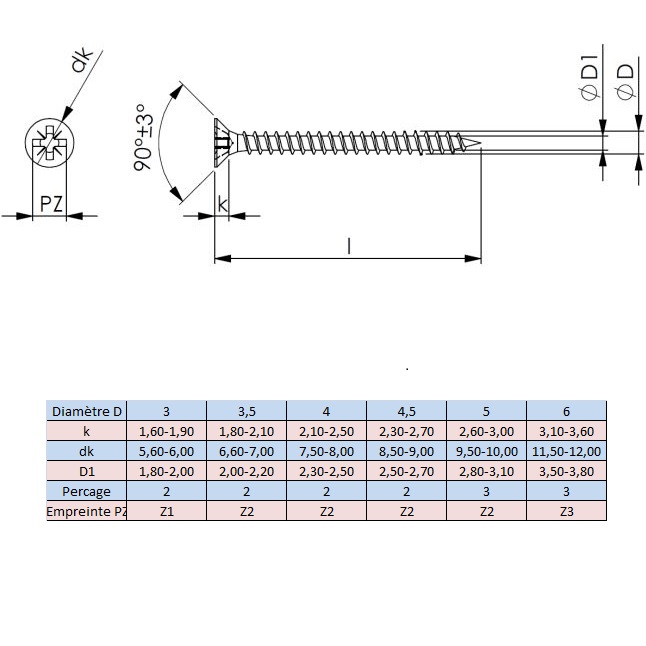 Vis bois inox tête fraisée empreinte pozidriv filetage total – Image 2