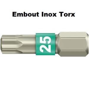 Embout inox longueur 25 mm pour vis inox empreinte torx standard