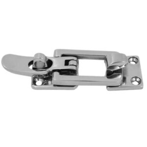 fermeture dites sauterelle verrouillable par un cadenas non fourni en inox 316 ( Inox A4 ) . Il est conseillé d'utiliser des vis inviolables avec ce produits ou des vis empreintes Torx que l'on peut rendre indévissable avec un insert torx.